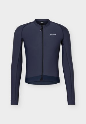 Marineblå sykkeltrøye med lange ermer, hel frontglidelås og liten hvit "GripGrab"-logo på venstre bryst.