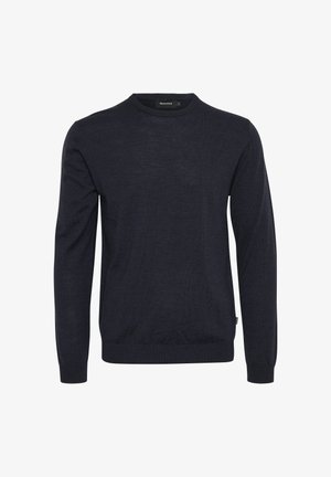 Mornarsko moder pulover iz mehkega pletenega materiala, z okroglim izrezom in dolgimi rokavi, z rebrastim robom za prilega obliko.