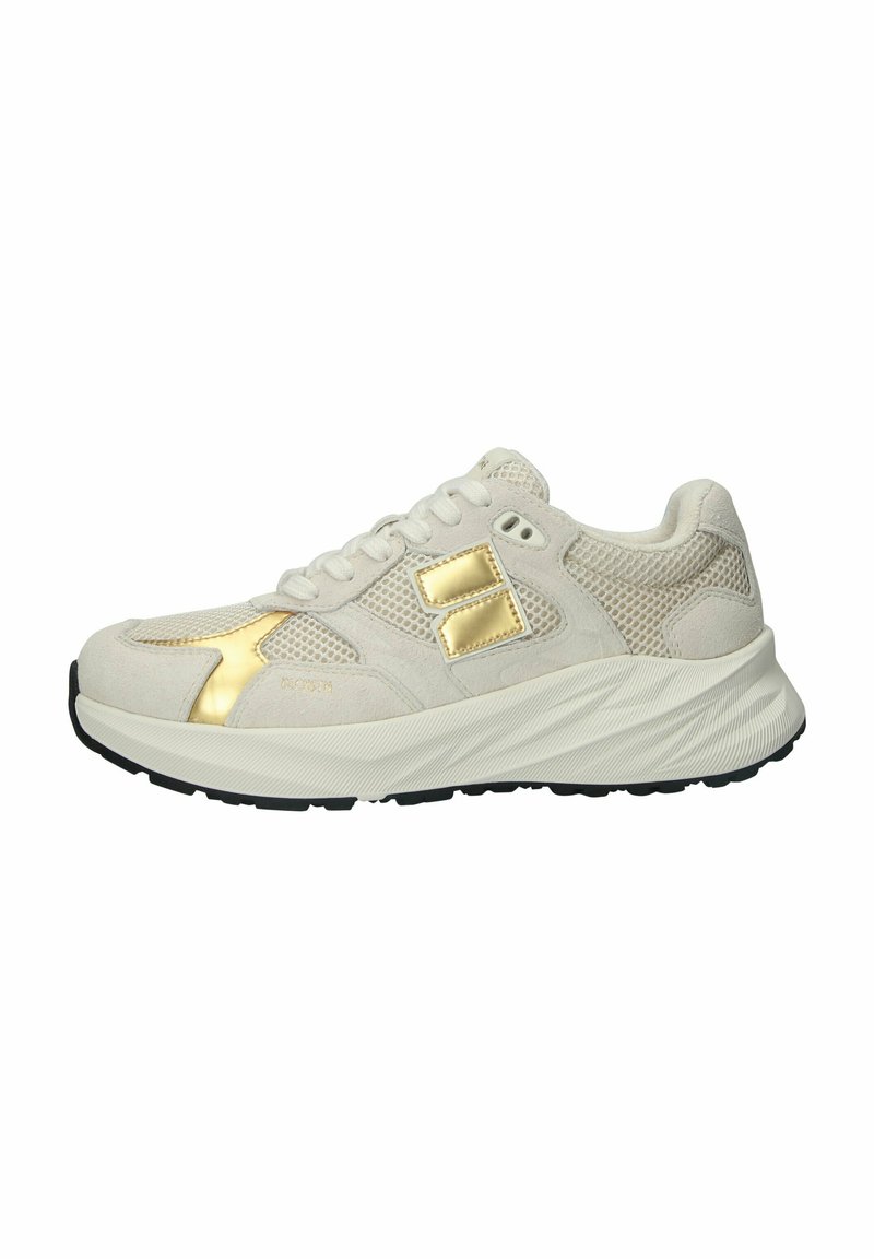 Helle beige Sportschuhe mit Mesh-Panels, goldenen Akzenten und einer dicken weißen Sohle mit strukturierten Linien sowie einer schwarzen Außensohle.