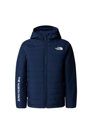 Veste matelassée bleu marine avec capuche, dotée d'une fermeture éclair, du logo The North Face sur la poitrine et la manche, et de surpiqûres horizontales.
