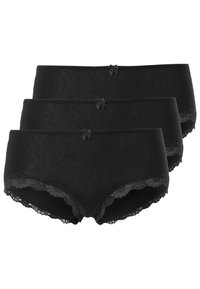Czarny zestaw bawełnianych fig, składający się z trzech par, ozdobionych koronkowymi wykończeniami oraz małymi kokardkami z przodu. Miękka tekstura i klasyczny design.