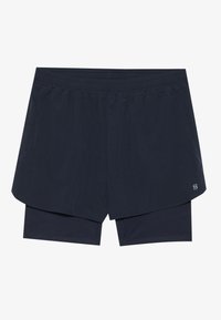 Pantaloni scurți bleumarin cu un brâu elastic, având un design stratificat și pantaloni interiori integrați. Textură netedă și detaliu subtil cu logo.