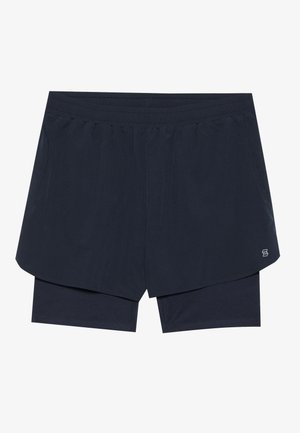 Pantaloni scurți bleumarin cu un brâu elastic, având un design stratificat și pantaloni interiori integrați. Textură netedă și detaliu subtil cu logo.