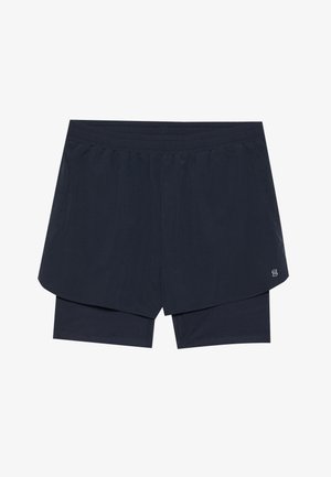 Laivastonsiniset shortsit, joissa on joustava vyötärö, kerroksellinen muotoilu ja integroitu sisäshortsi. Sujuva koostumus ja hienovarainen logotyyli.