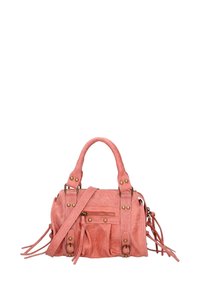 Borsa in suede rosa con manici corti e tracolla removibile. Presenta dettagli in oro, una tasca frontale con zip e accenti di frange.
