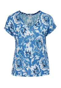Blå blommig kortärmad topp med V-ringning. Har stora vita och mörkblå blommönster på en ljusblå bakgrund. Mjuk tyg.