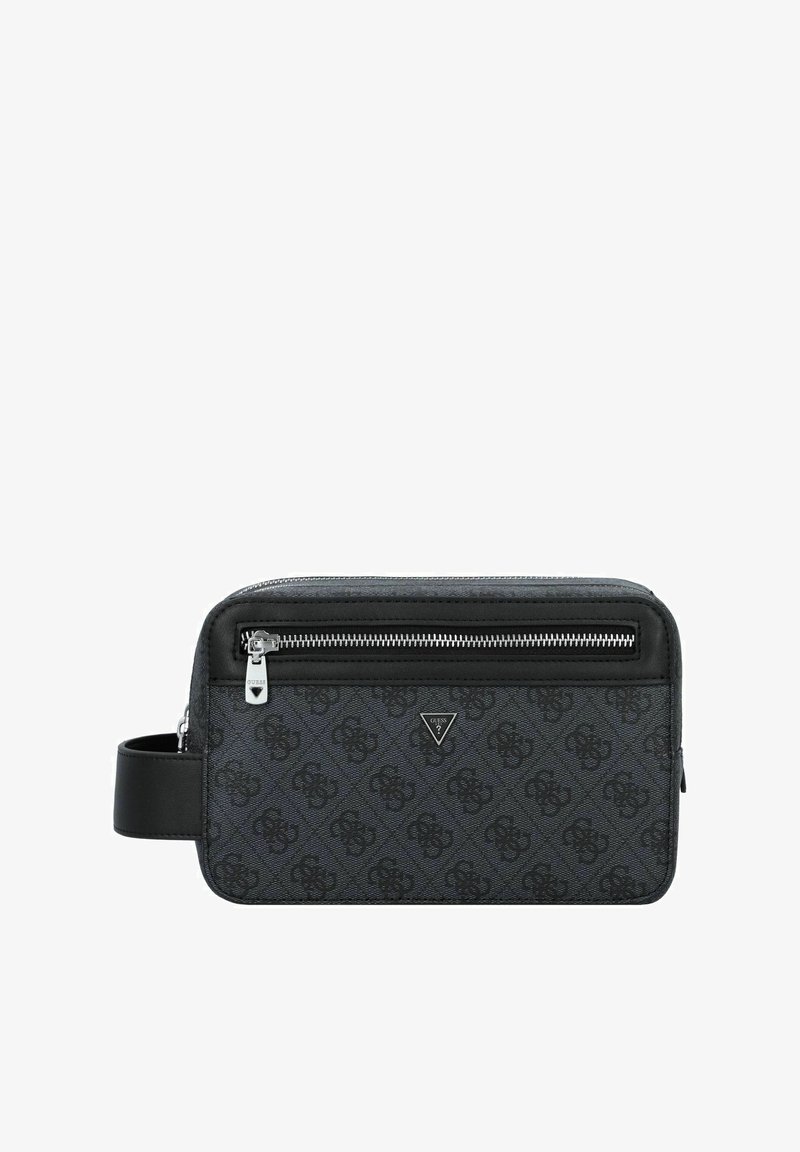 Borsa a tracolla grigio scuro con motivo logo nero, scomparto con zip e accenti in pelle elegante. Caratterizzata da una tracolla regolabile per la versatilità.