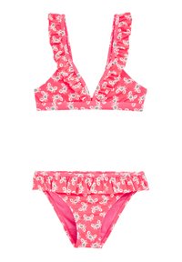 Rožinė bikini maudymosi kostiumėlis su raukšlėtomis petnešomis ir derančiomis kelnaitėmis, su baltu krabų raštu. Audinys yra lygus ir elastingas, sukurtas patogumui.
