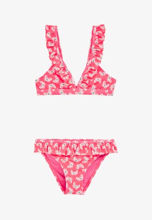 Rožinė bikini maudymosi kostiumėlis su raukšlėtomis petnešomis ir derančiomis kelnaitėmis, su baltu krabų raštu. Audinys yra lygus ir elastingas, sukurtas patogumui.
