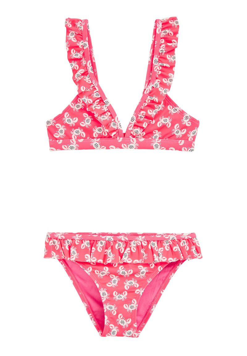 Rožinė bikini maudymosi kostiumėlis su raukšlėtomis petnešomis ir derančiomis kelnaitėmis, su baltu krabų raštu. Audinys yra lygus ir elastingas, sukurtas patogumui.