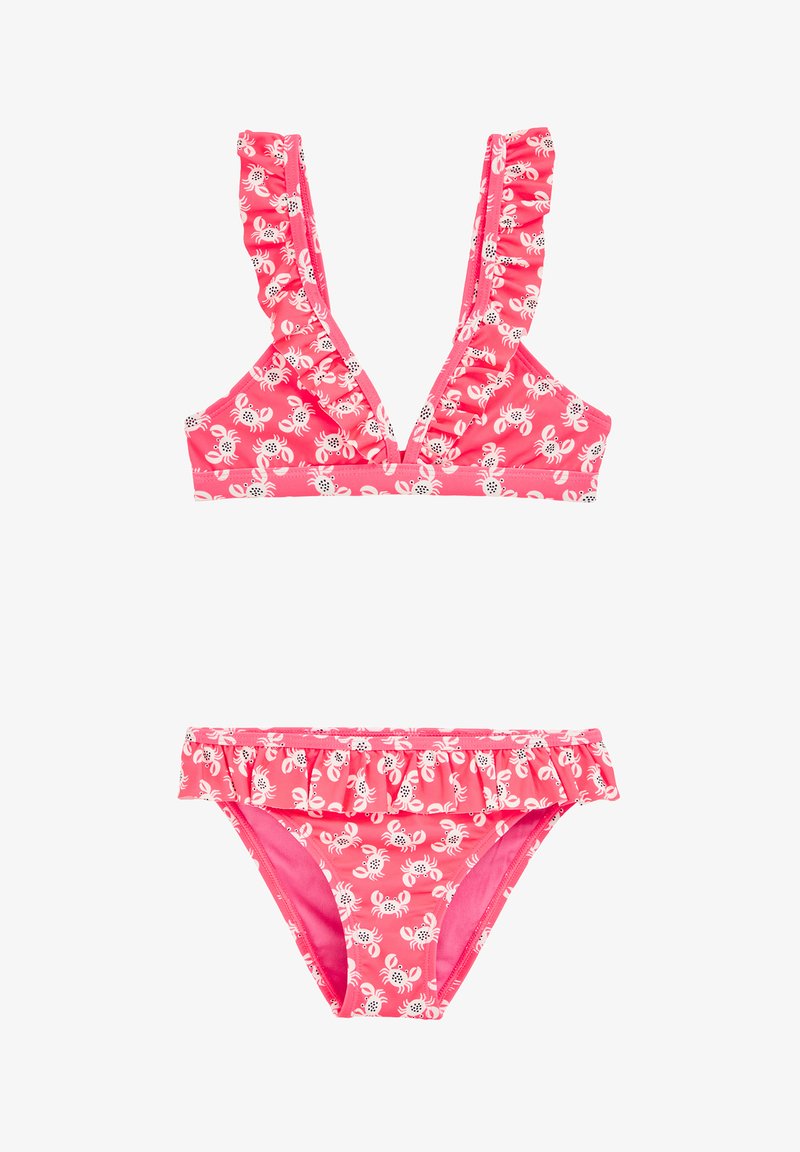 Roza bikinka z naborki na naramnicah in ujemajoče spodnje hlačke, ki imata vzorec rakov v beli barvi. Tkanina je gladka in raztegljiva, zasnovana za udobje.
