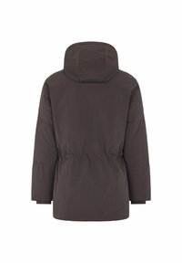 Donkerbruin gewatteerd jack met een capuchon, details van elastische taille en lange mouwen. Glad textuur met een minimalistisch ontwerp, zonder zichtbare buitenzakken.