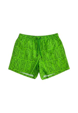 Costume da bagno verde brillante con elastico in vita e grandi lettere nere contornate che compongono "BIKKEMBERGS" su tutta la superficie.