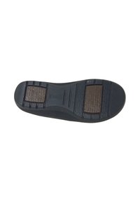 Suola di scarpa in gomma nera con superficie testurizzata, caratterizzata da due tappetini di trazione rettangolari in marrone e dettagli decorativi per una migliore aderenza.