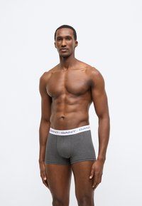 Graue Boxer-Briefs mit einem weißen elastischen Bund, der marineblauen Text zeigt. Glattes Gewebe mit enger Passform, das ein minimalistisches Design präsentiert.