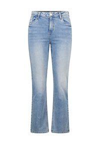 Lichtblauwe uitlopende spijkerbroeken van denim, met een klassieke vijfzakkenontwerp, ritssluiting en subtiele vervaging langs de benen.