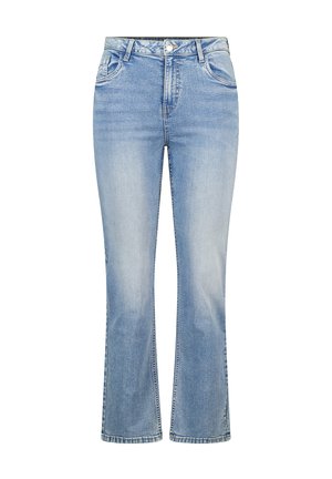 Lichtblauwe uitlopende spijkerbroeken van denim, met een klassieke vijfzakkenontwerp, ritssluiting en subtiele vervaging langs de benen.