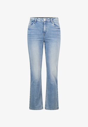 Lichtblauwe uitlopende spijkerbroeken van denim, met een klassieke vijfzakkenontwerp, ritssluiting en subtiele vervaging langs de benen.