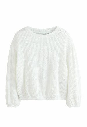 Long-sleeve white textured knit sweater with a round neckline and slightly gathered cuffs and hem against a plain background.