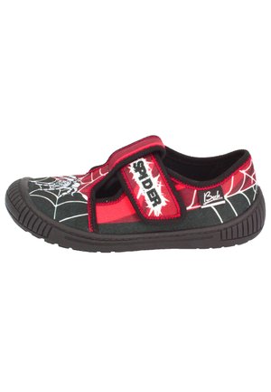 Zwarte en rode stoffen schoen met een spinnenwebdesign, klittenband en rubberen zool met een gestructureerd profiel. Opvallende "SPIDER" branding.