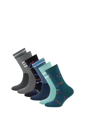 Six pairs of mid-calf socks in gray stripes, solid gray, black with colorful pattern, blue stripes, light green stripes, and teal with multicolor design.