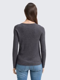 Suéter de manga larga gris oscuro, hecho de tela suave, con un escote redondo y un diseño ajustado, combinado con jeans de color azul claro.