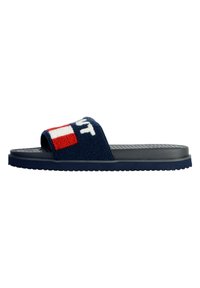 Navy slide sandal featuring a textured, fuzzy strap with a logo and red accents, and a flat rubber sole with a ridged pattern.