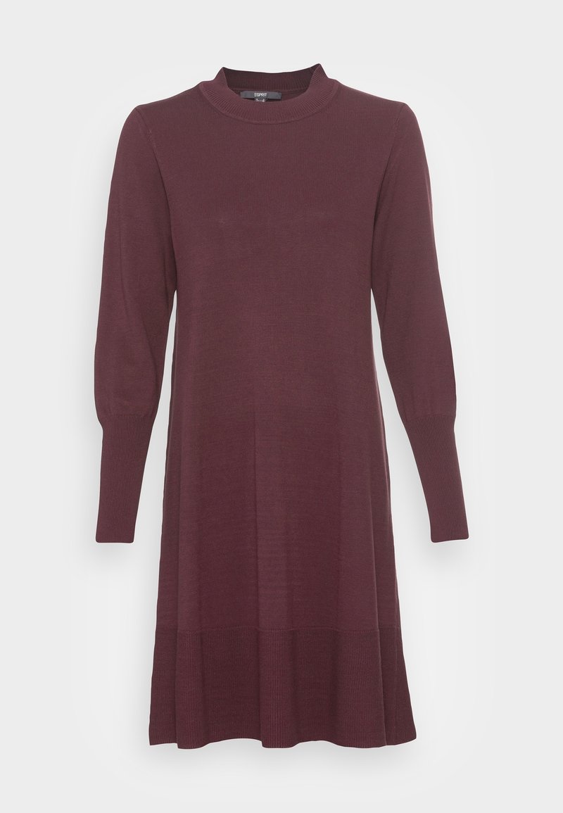 Robe en maille côtelée à manches longues, longueur genou, bordeaux foncé avec col montant et manches avec poignets.