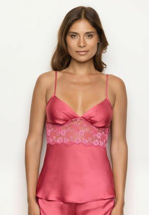 Satin camisole in rose pink with adjustable spaghetti straps and lace inset detailing at the bust. Soft texture and relaxed fit.