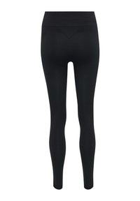 Sorte, sømløse leggings med høj talje med teksturerede detaljer på bageste linning og knæ, vist bagfra.