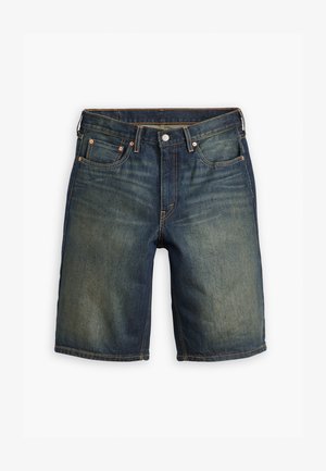 Donkerblauwe denim shorts met vervaagde delen, vijf zakken, metalen knoopsluiting en oranje stiksels, met een rechte snit.