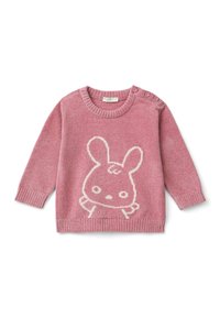 Růžový pletený svetr s dlouhými rukávy, který uprostřed má design bílé králíka, kulatý výstřih a knoflíkové detaily na rameni.