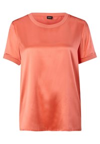 Blouse corail en satin à manches courtes, col rond et coupe décontractée, réalisée en tissu lisse et brillant.
