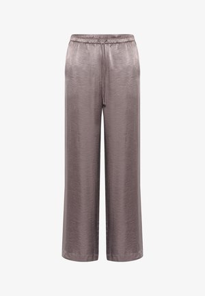 Ilgų, plačių kojų kelnės iš minkštos, blizgios mauve spalvos medžiagos su elastinga juosmena ir raišteliu. Lygi tekstūra su plaukiančia siluetu.