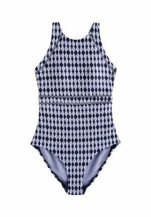 Costum de baie întreg cu model geometric oval în albastru închis și gri deschis și gât înalt pe un fundal alb.