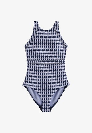 Costum de baie întreg cu model geometric oval în albastru închis și gri deschis și gât înalt pe un fundal alb.
