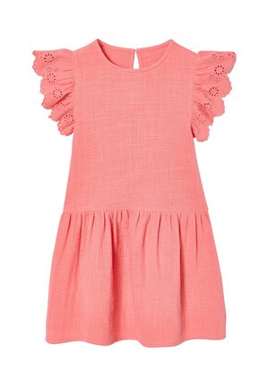 Korallenrosa Kleinkindkleid mit gerafftem Rock, rundem Ausschnitt, Reißverschluss am Rücken und schwingenden Ärmeln aus Lochspitze.