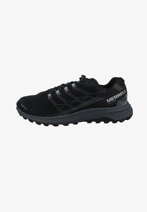 Black athletic shoe with a breathable mesh upper, textured side accents, and a rugged outsole for traction. Features reflective detailing.