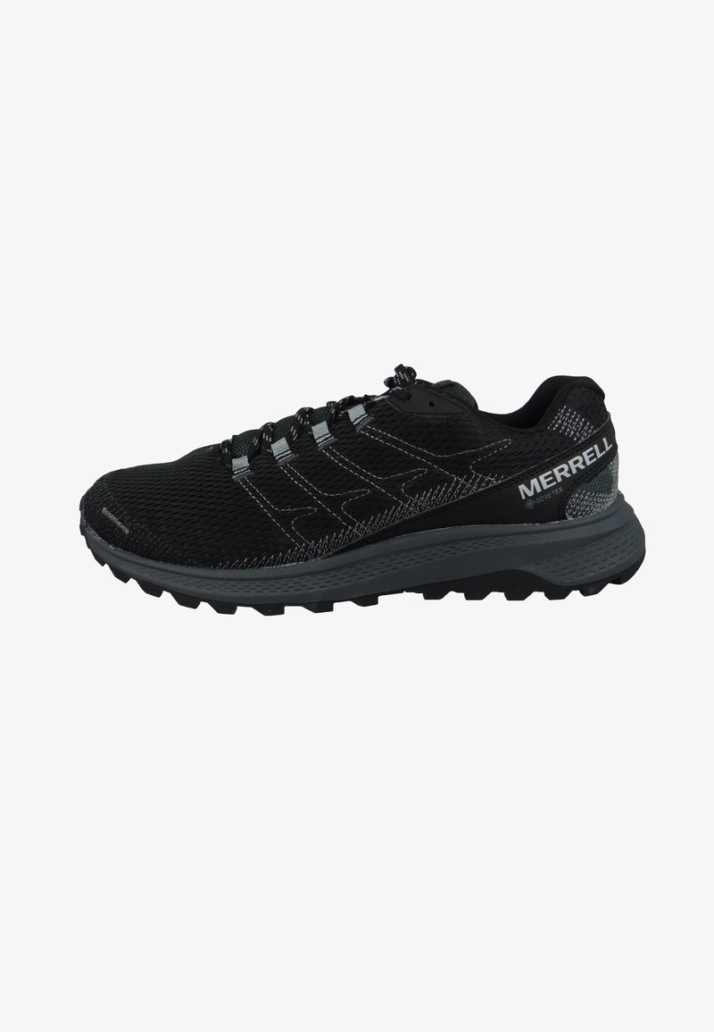 Black athletic shoe with a breathable mesh upper, textured side accents, and a rugged outsole for traction. Features reflective detailing.