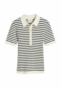 Randig polo t-shirt i krämfärgad och marinblå, ribbad textur, korta ärmar, knäppning fram och en klassisk kragdesign.