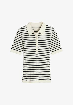 Gestreiftes Polohemd in Creme und Marineblau, gerippte Textur, kurze Ärmel, Knopfleiste und klassischer Kragen.