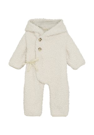 Weißer Baby-Schneeanzug aus Fleece mit einer strukturierten, flauschigen Oberfläche, einer Kapuze, zwei Knopfverschlüssen und einem Ripsband-Akzent auf der linken Seite.