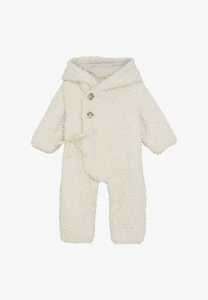 Weißer Baby-Schneeanzug aus Fleece mit einer strukturierten, flauschigen Oberfläche, einer Kapuze, zwei Knopfverschlüssen und einem Ripsband-Akzent auf der linken Seite.