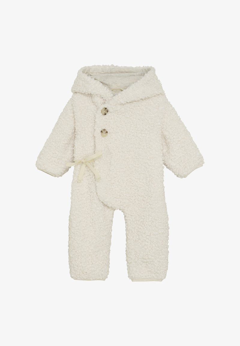Witte fleece babywinterpak met een gestructureerde, pluizige oppervlakte, een capuchon, twee knoopsluitingen en een strikaccent aan de linkerkant.