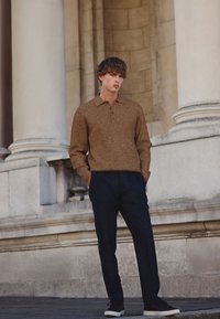 Brauner gestrickter Pullover mit Kragen und drei Knöpfen, kombiniert mit dunkel strukturierten Hosen und schwarzen Turnschuhen. Stehend vor einem Säulenhintergrund.