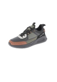 Black, brown, and olive green athletic sneaker with laces, pull tabs, and textured sole, branded Kaporal on side and tongue.