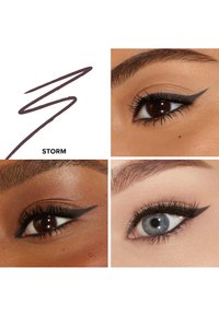 Schwarzer Eyeliner in Winged-Stilen auf drei Modellen mit unterschiedlichen Hauttönen aufgetragen; enthält den Produktnamen "STORM" in fettem Text.
