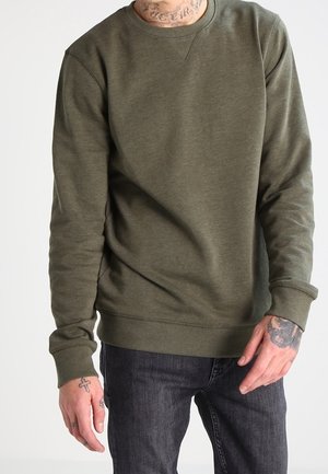 Olive green sweatshirt with long sleeves, round neckline, ribbed cuffs and hem, made of soft cotton blend material, featuring a relaxed fit.