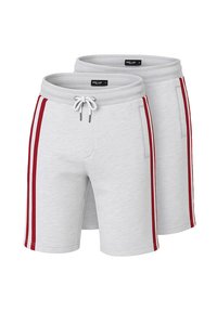Shorts para hombre en gris con franjas laterales rojas, hechos de tela suave. Cuenta con una waistband ajustable con cordón y bolsillos laterales.