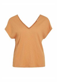 Bluzka z dekoltem w kształcie litery V, z krótkim rękawem, uszyta z teksturowanej pomarańczowej tkaniny z delikatnym wzorem falistym i falbaniastym detalem przy dekolcie. Prosty krój u dołu.